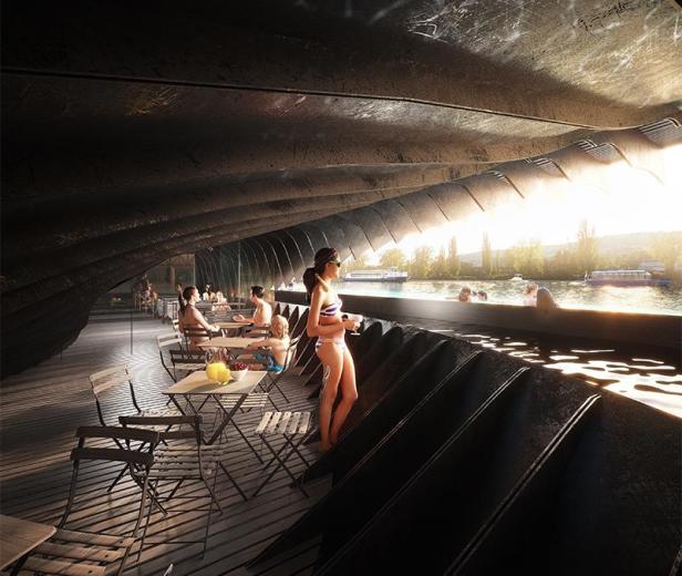 Menschen entspannen sich auf dem Badeschiff in Prag mit Blick auf den Fluss.