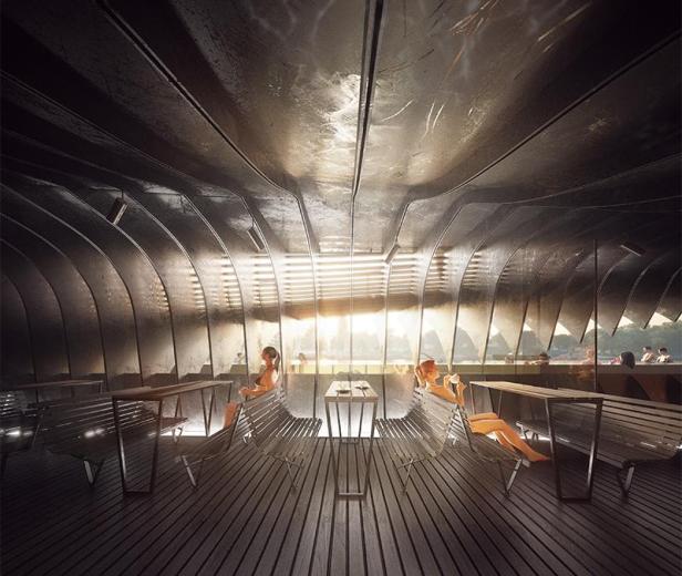 Innenansicht des Badeschiffs in Prag mit Personen auf Bänken.