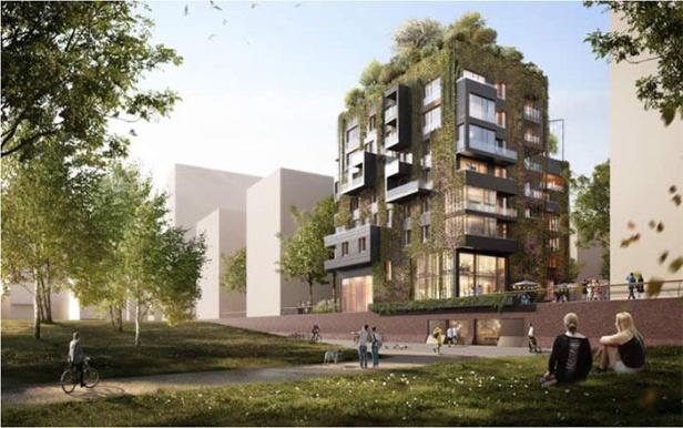 Ein begrüntes Wohnhaus in der Hafencity, mit Menschen auf einer Wiese im Vordergrund.