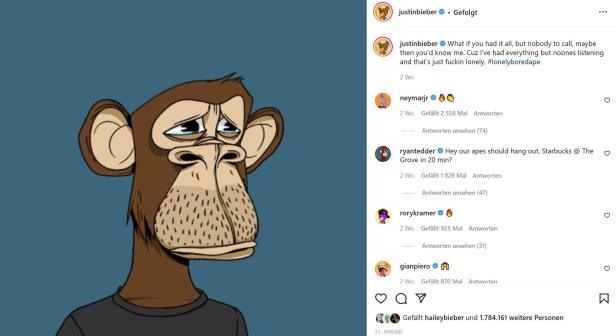 Ein traurig dreinblickender Affe als NFT-Profilbild, gepostet von Justin Bieber.
