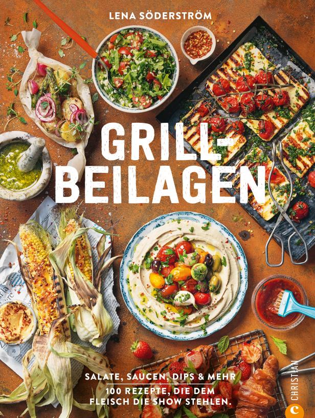 Das Cover des Kochbuchs „Grillbeilagen“ von Lena Söderström mit verschiedenen Grillsalaten und Dips.