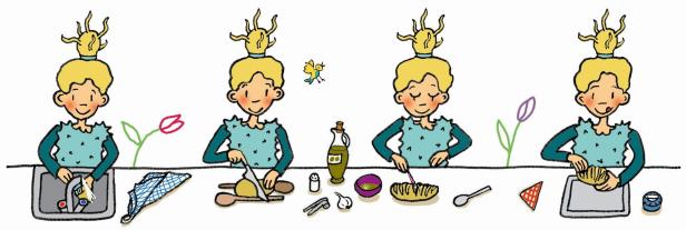 Eine stilisierte Illustration, die eine Person bei der Zubereitung von Essen zeigt.