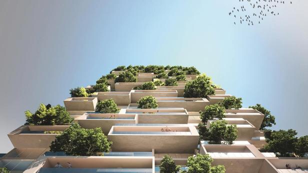 Der Torre dei Cedri, ein Gebäude mit begrünten Terrassen, von unten fotografiert.