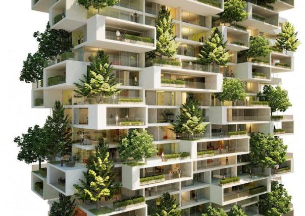 Detailaufnahme des Torre dei Cedri, eines Hochhauses mit Bäumen auf den Balkonen.