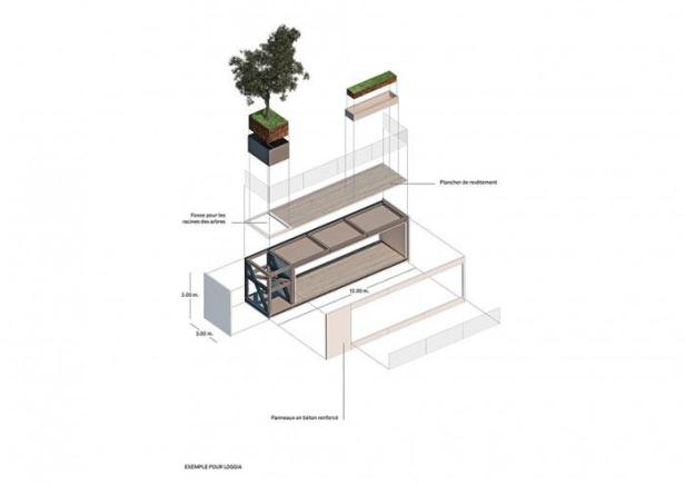 Eine schematische Darstellung einer Loggia mit Baum und Bepflanzung.
