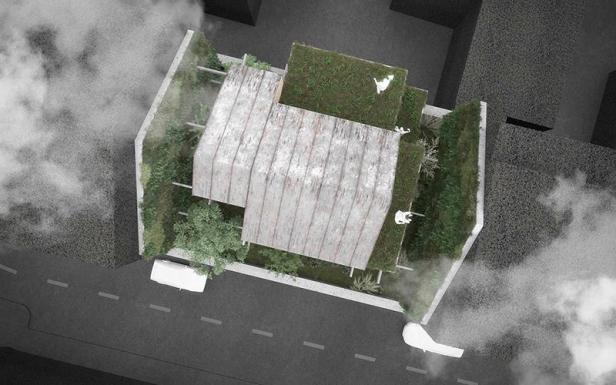 Draufsicht auf ein begrüntes Stadtbaumhaus mit zwei Personen auf dem Dach.