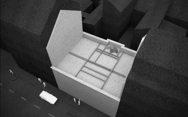 Eine architektonische Visualisierung eines modernen Baumhauses in einer städtischen Umgebung.