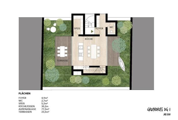 Ein Grundriss eines Hauses mit Terrasse, Küche, WC und Gartenanlage.