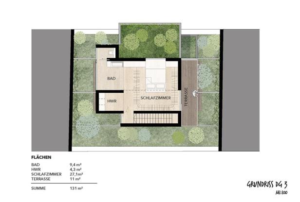 Ein Grundriss eines Schlafzimmers mit Bad, Terrasse und kleinem Garten.