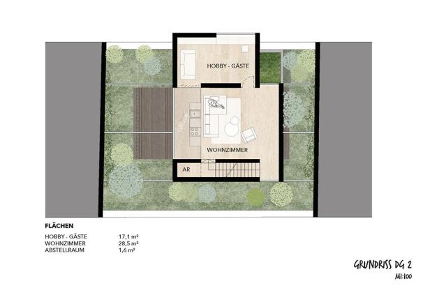 Ein Grundriss eines Hauses mit Wohnzimmer, Hobbyraum und Abstellraum.