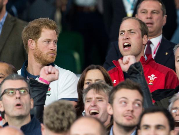 Prinz Harry und Prinz William schauen bei einem Rugbyspiel zu.