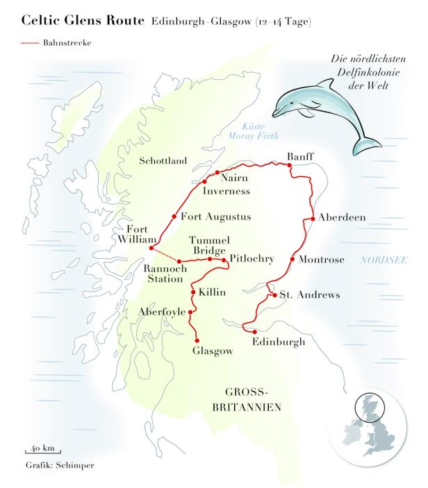 Eine Karte der „Celtic Glens Route“ in Schottland, die von Edinburgh nach Glasgow führt.