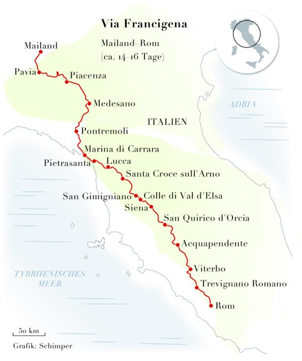 Eine Karte der Via Francigena, einem Pilgerweg von Mailand nach Rom.