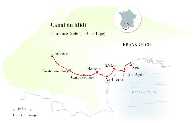 Eine Karte des Canal du Midi in Frankreich, der von Toulouse nach Sète führt.