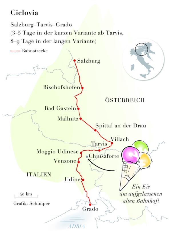 Eine Karte der Ciclovia, einer Radroute von Salzburg über Tarvis nach Grado.