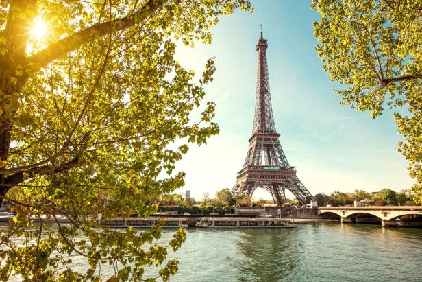 Der Eiffelturm in Paris, gesehen durch das Laub der Bäume.