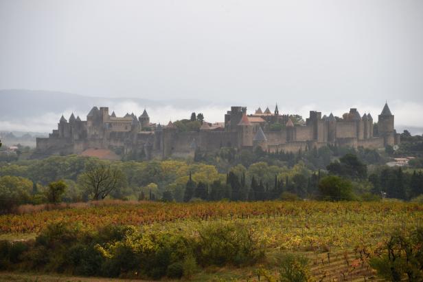 Die mittelalterliche Stadt Carcassonne in Frankreich, umgeben von Weinbergen.
