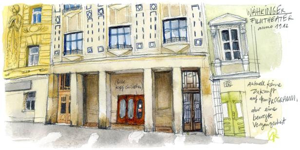 Eine Aquarellzeichnung des Währinger Filmtheaters, erbaut im Jahr 1912.