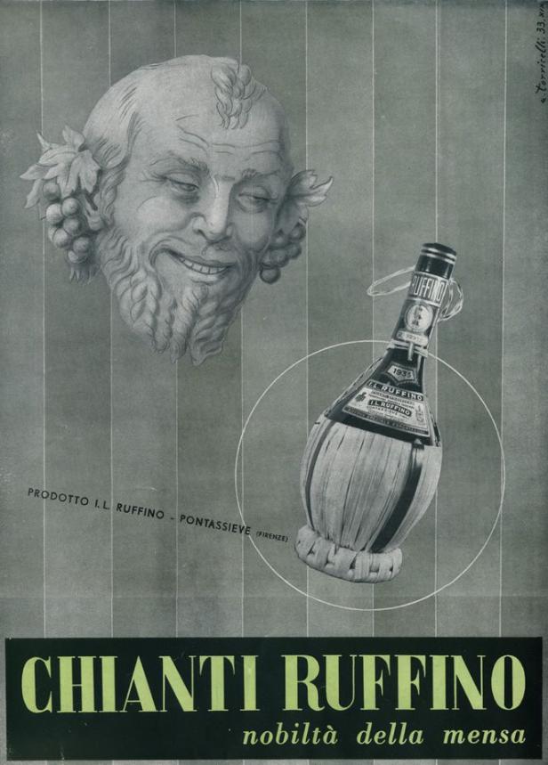 Eine Vintage-Anzeige für Chianti Ruffino mit einer Bocksbeutelflasche und einer Darstellung von Bacchus.