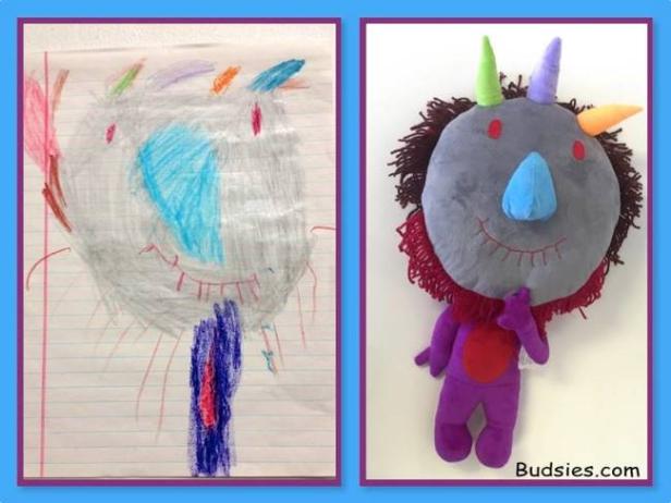 Ein Kinderzeichnung und ein Stofftier, das auf der Zeichnung basiert.