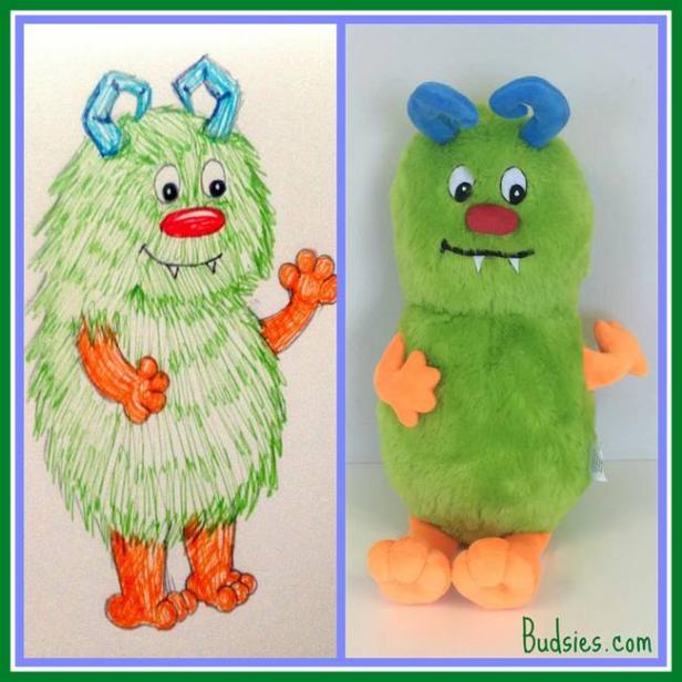 Ein gezeichnetes grünes Monster und ein Plüschtier des gleichen Monsters stehen nebeneinander.