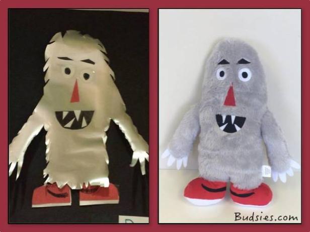 Gegenüberstellung einer Papierversion und einer Plüschversion einer Cartoon-Monsterfigur mit roten Schuhen.