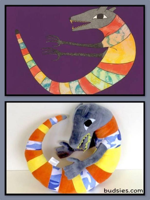 Gegenüberstellung einer Zeichnung und eines Plüschtiers eines bunten, reptilienartigen Wesens.