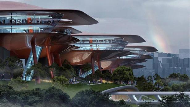 Das Chongqing Cuntan Kreuzfahrtterminal mit seiner futuristischen Architektur und einem Regenbogen im Hintergrund.