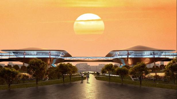 Das Chongqing Cuntan Kreuzfahrtterminal bei Sonnenuntergang.