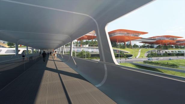 Blick von einer Fußgängerbrücke auf das Chongqing Cuntan Kreuzfahrtterminal.