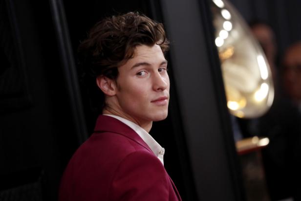 Shawn Mendes in einem roten Anzug blickt über seine Schulter.