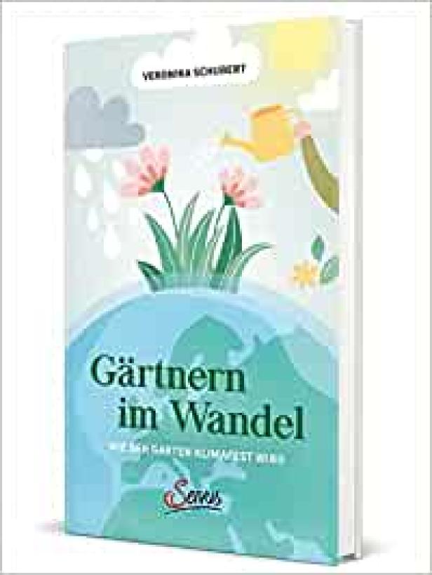 Das Buch „Gärtnern im Wandel“ zeigt eine Illustration von Blumen, die auf einer Weltkugel wachsen, während eine Hand sie gießt.