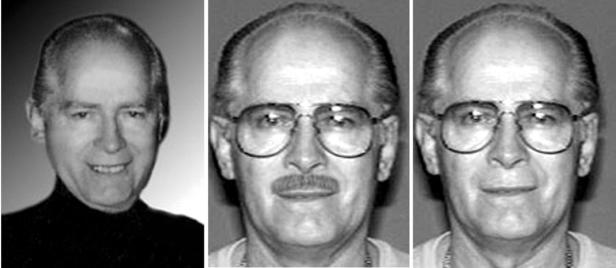 Ein Mann in drei verschiedenen Porträts, einmal lächelnd und zweimal mit Brille.