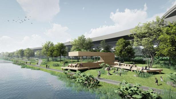 Visualisierung eines Parks am Flussufer mit Fußwegen, Grünflächen und einem Pavillon.