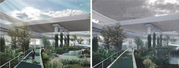 Ein Radfahrer fährt auf einem begrünten Weg unter einer Autobahnbrücke entlang.