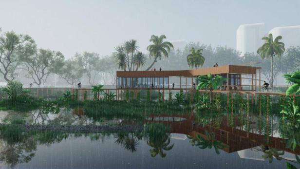 Eine architektonische Visualisierung eines Gebäudes und eines Weges über einem Gewässer mit tropischer Vegetation.