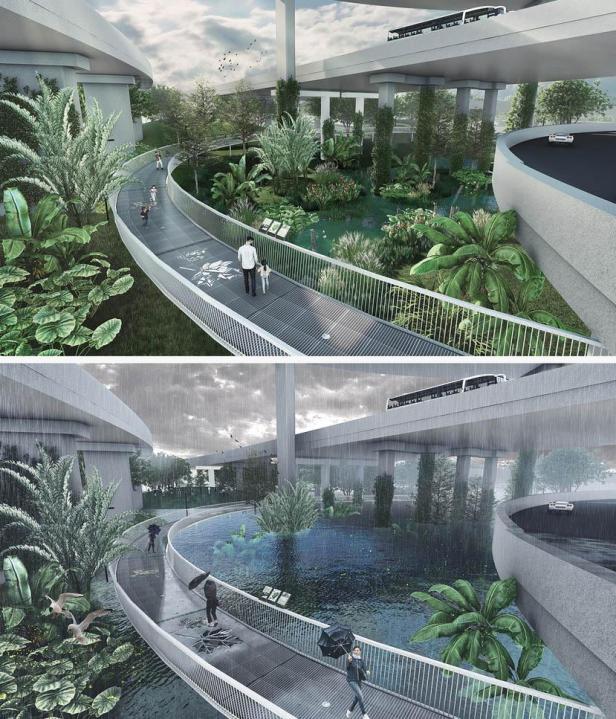 Das River-Blueway-Projekt zeigt einen begrünten Fußgängerweg unterhalb einer erhöhten Straße.