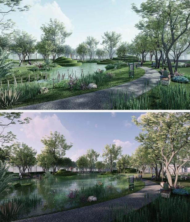 Eine Parkanlage mit einem See und einem gewundenen Weg.