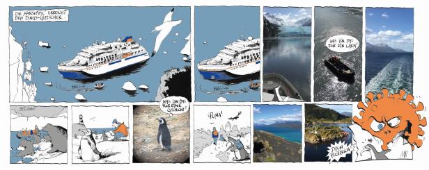 Eine Comic-Collage mit verschiedenen Szenen einer Antarktis-Kreuzfahrt.