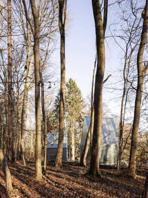 Zwei moderne, metallverkleidete Häuser stehen in einem lichten Wald.