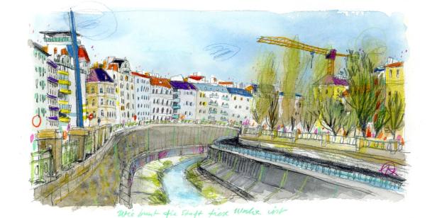 Eine Aquarellzeichnung einer Stadtansicht mit einem Fluss und Gebäuden im Hintergrund.