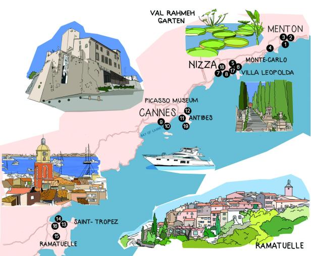 Eine illustrierte Karte der Côte d'Azur mit Sehenswürdigkeiten wie Nizza, Cannes und Saint-Tropez.