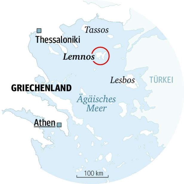 Eine Karte des Ägäischen Meeres mit den Inseln Lemnos, Lesbos und Tassos sowie Teilen von Griechenland und der Türkei.