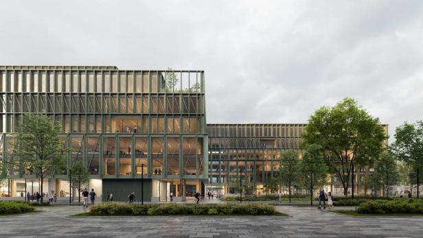 Das iCampus-Gebäude im Werksviertel mit Passanten vor dem Eingang.