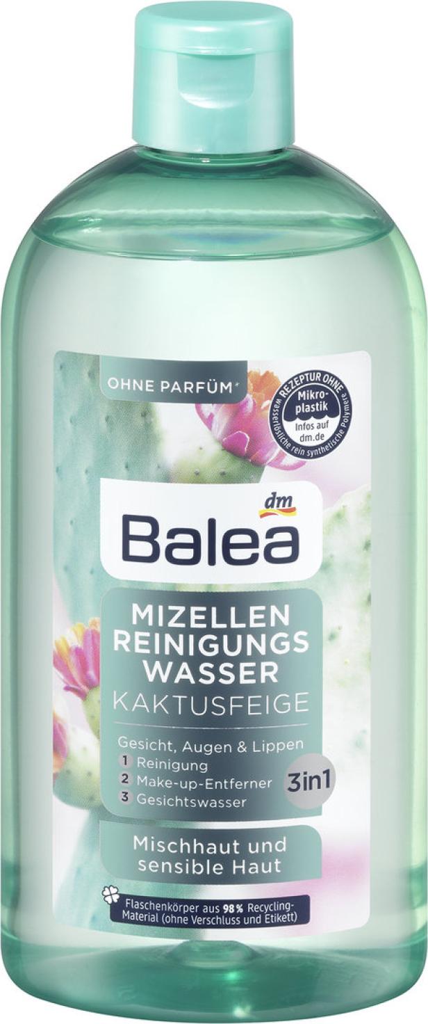 Eine Flasche Mizellen Reinigungswasser Kaktusfeige von Balea für Mischhaut und sensible Haut.