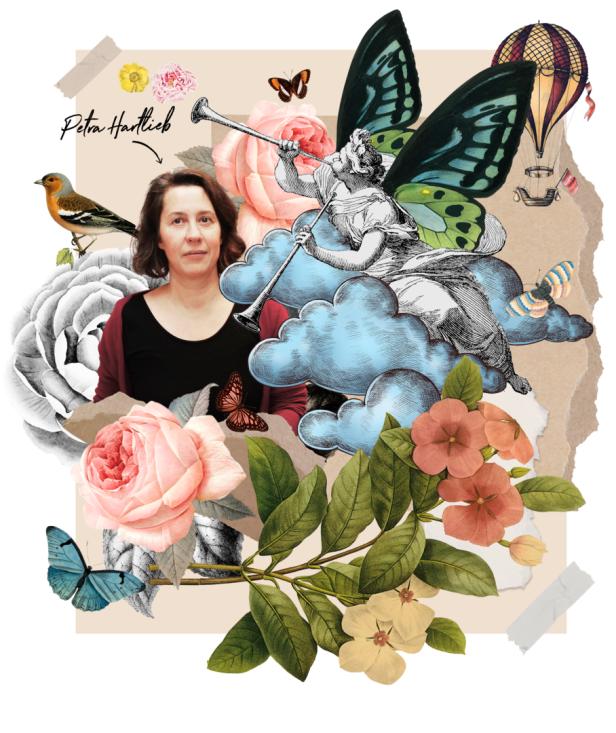 Ein Porträt von Petra Hartlieb, umgeben von Blumen, Schmetterlingen und einer geflügelten Figur auf Wolken.