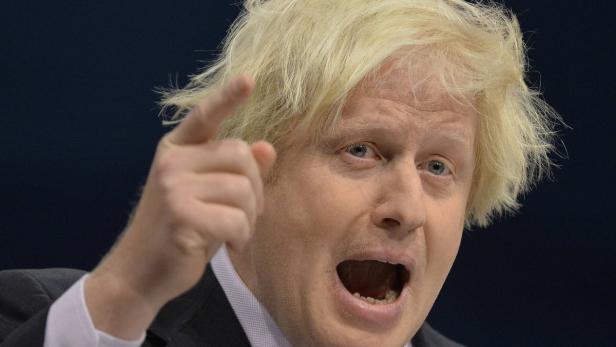 London Mayor Boris Johnson delivers his keynote sp Boris Johnson gestikuliert und spricht.
