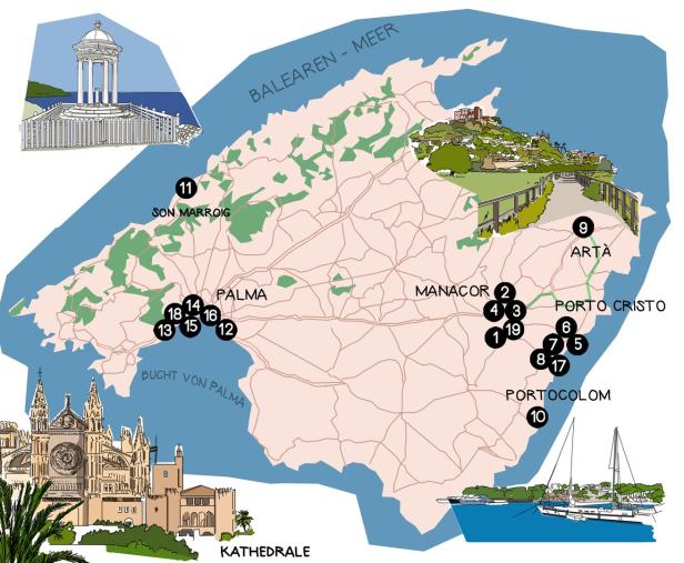 Eine illustrierte Karte von Mallorca mit Sehenswürdigkeiten und Ortsnamen.