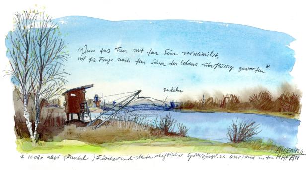 Aquarellmalerei einer Fischerhütte an einem Flussufer mit Bäumen und handschriftlichem Text.