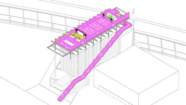 Eine architektonische Zeichnung des „The Podium“ von MVRDV mit einer langen Treppe zum Dach.